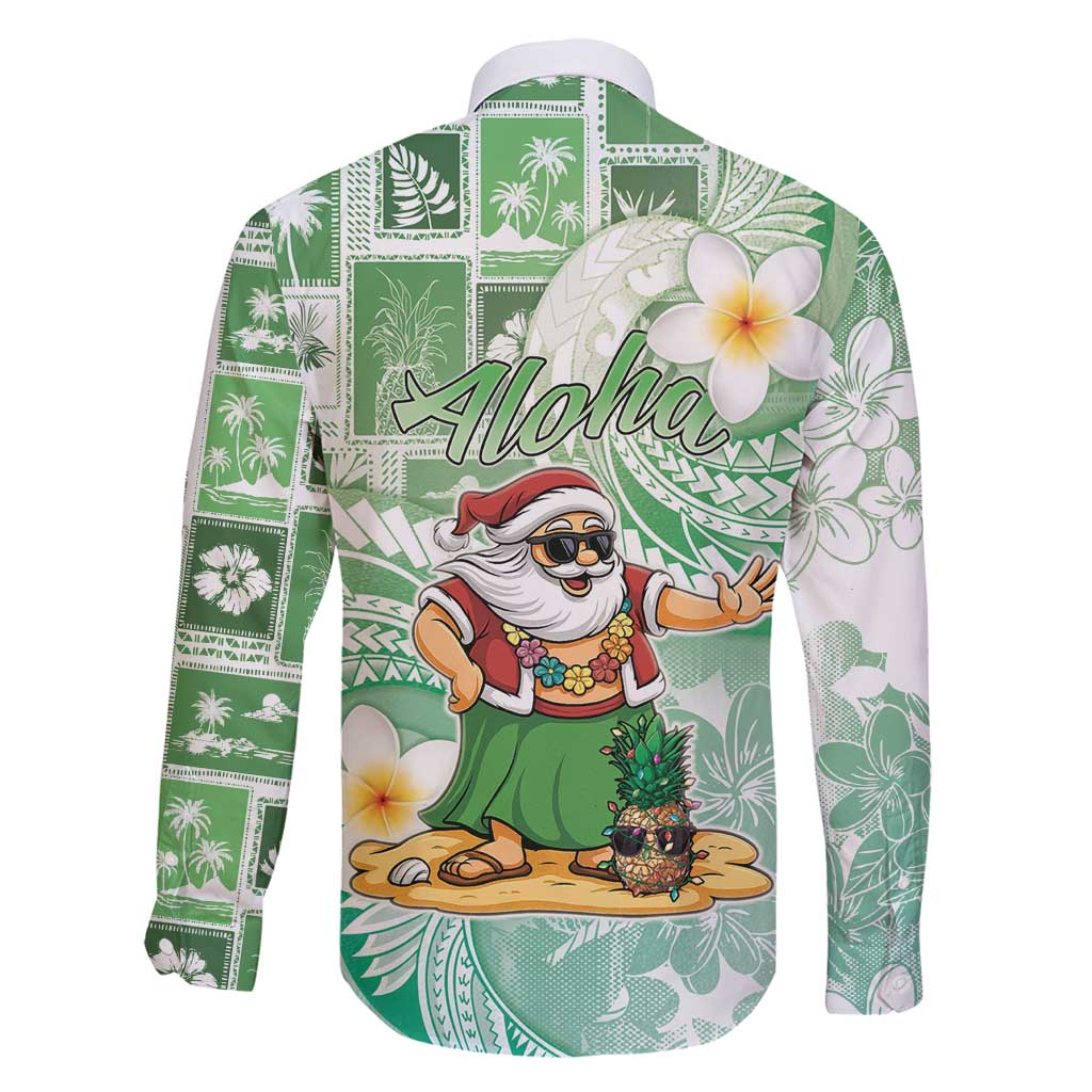 Hawaii Mele Kalikimaka Family Matching Long Sleeve Bodycon Dress and Hawaiian Shirt Hula Santa Retro Style Green LT05 - Polynesian Pride
