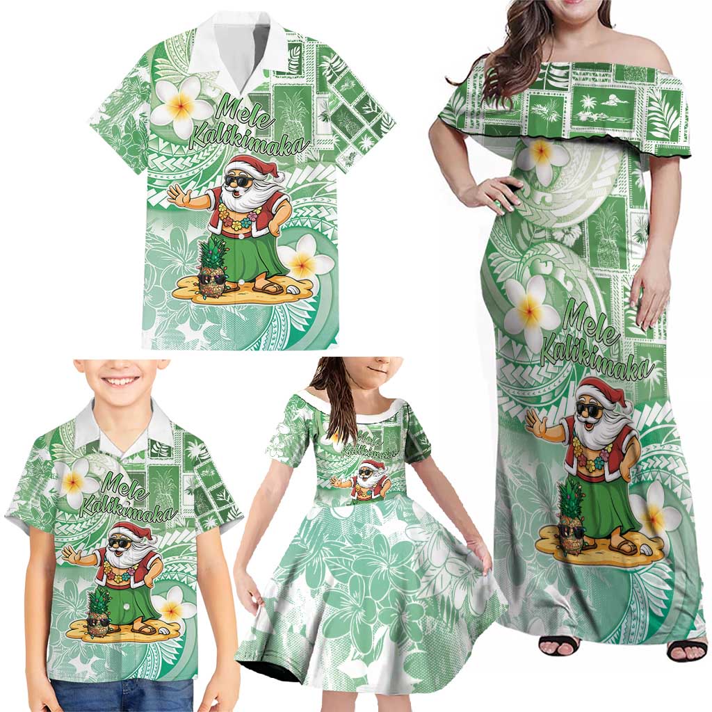 Hawaii Mele Kalikimaka Family Matching Off Shoulder Maxi Dress and Hawaiian Shirt Hula Santa Retro Style Green - Polynesian Pride