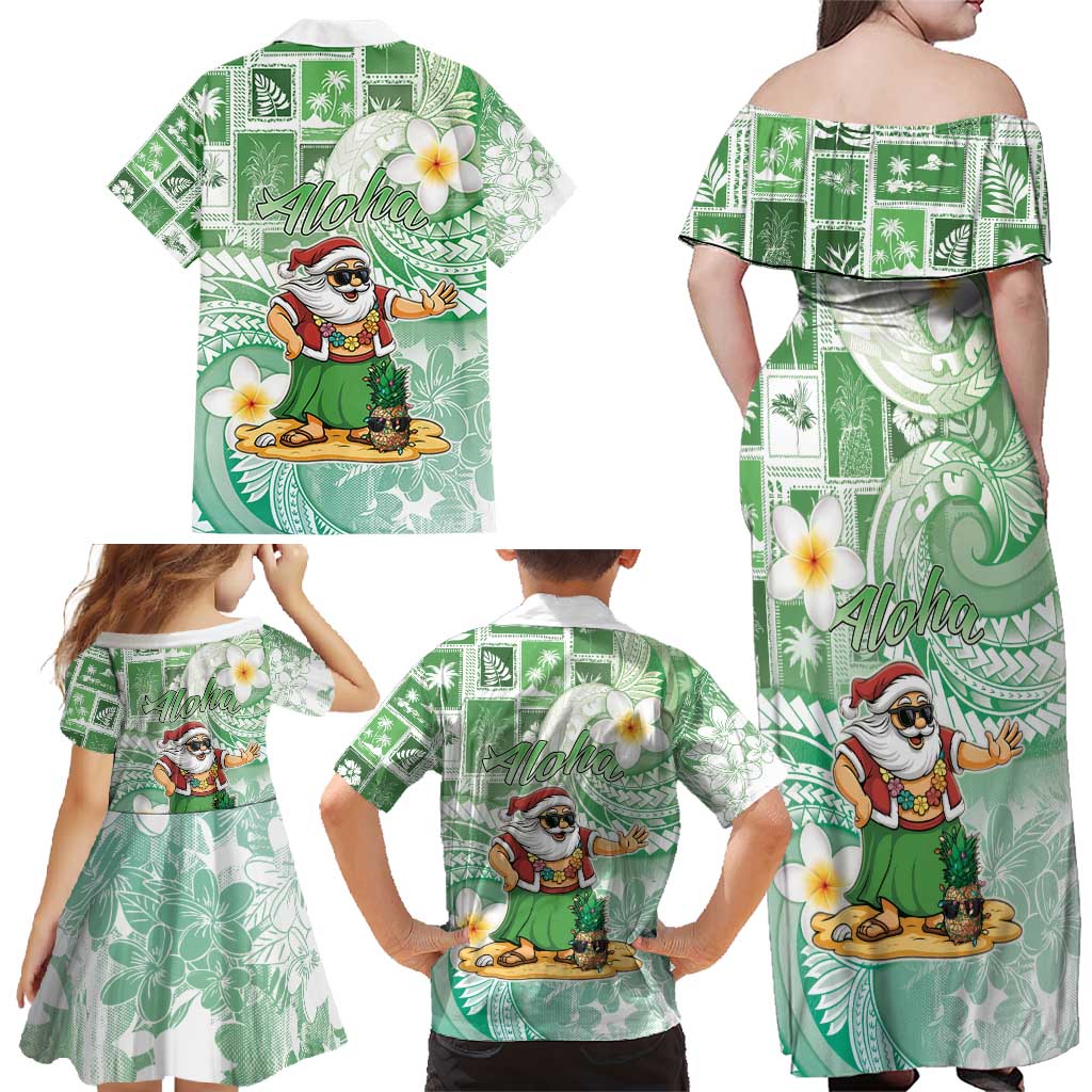 Hawaii Mele Kalikimaka Family Matching Off Shoulder Maxi Dress and Hawaiian Shirt Hula Santa Retro Style Green - Polynesian Pride