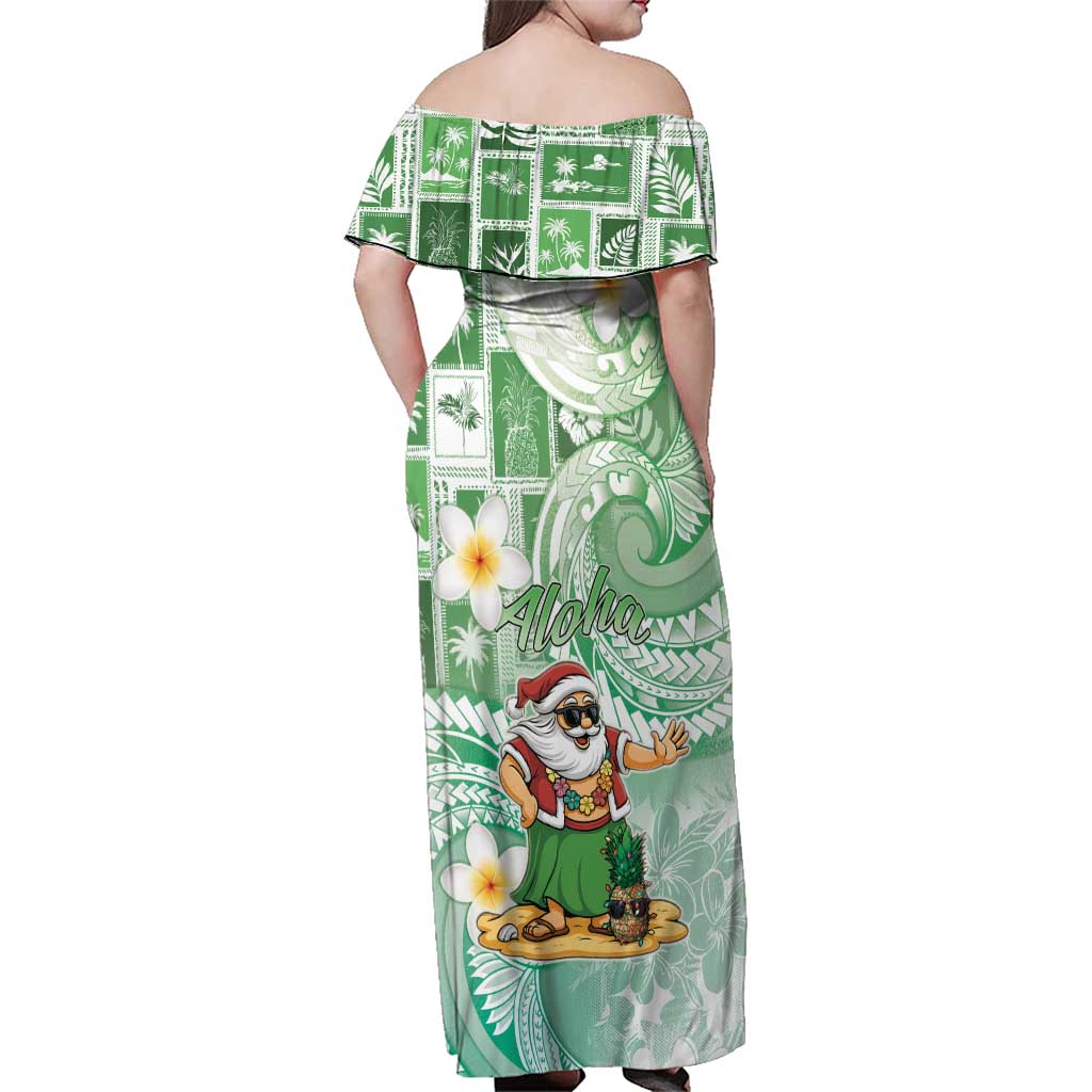 Hawaii Mele Kalikimaka Family Matching Off Shoulder Maxi Dress and Hawaiian Shirt Hula Santa Retro Style Green - Polynesian Pride