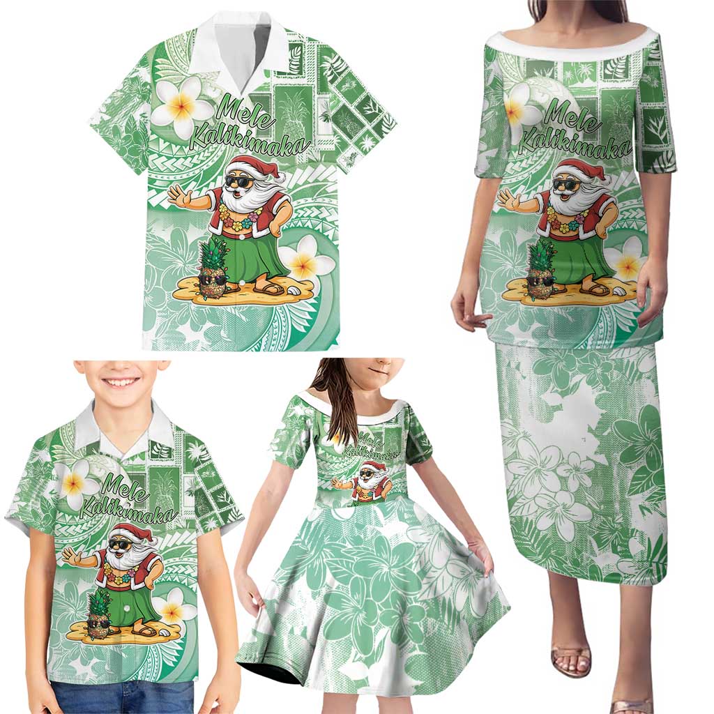 Hawaii Mele Kalikimaka Family Matching Puletasi and Hawaiian Shirt Hula Santa Retro Style Green - Polynesian Pride