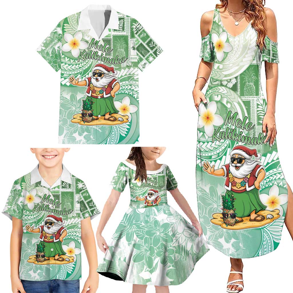 Hawaii Mele Kalikimaka Family Matching Summer Maxi Dress and Hawaiian Shirt Hula Santa Retro Style Green - Polynesian Pride