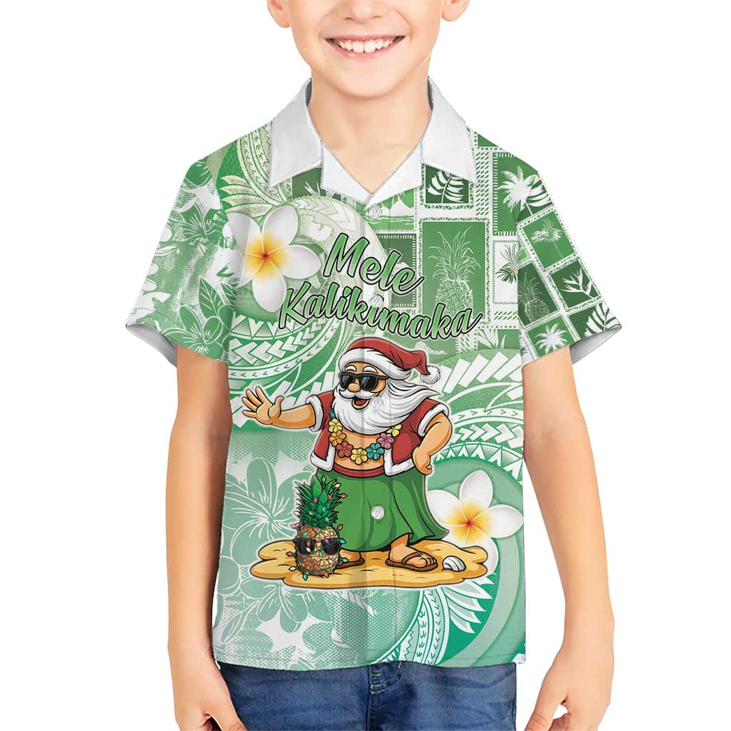 Hawaii Mele Kalikimaka Kid Hawaiian Shirt Hula Santa Retro Style Green - Polynesian Pride