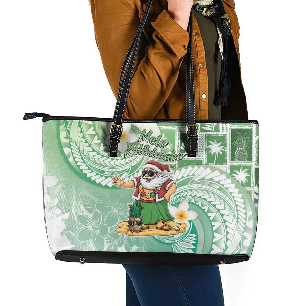 Hawaii Mele Kalikimaka Leather Tote Bag Hula Santa Retro Style Green - Polynesian Pride
