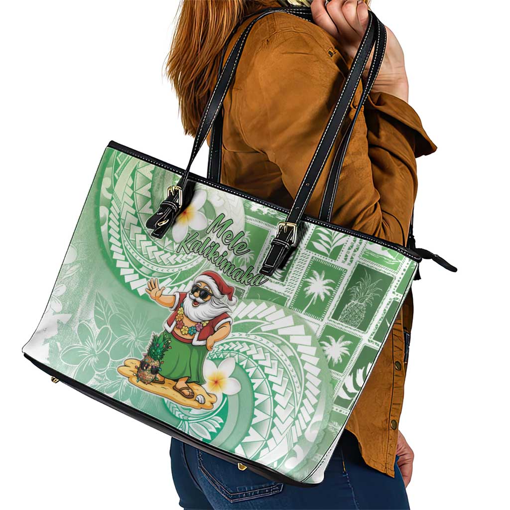 Hawaii Mele Kalikimaka Leather Tote Bag Hula Santa Retro Style Green - Polynesian Pride