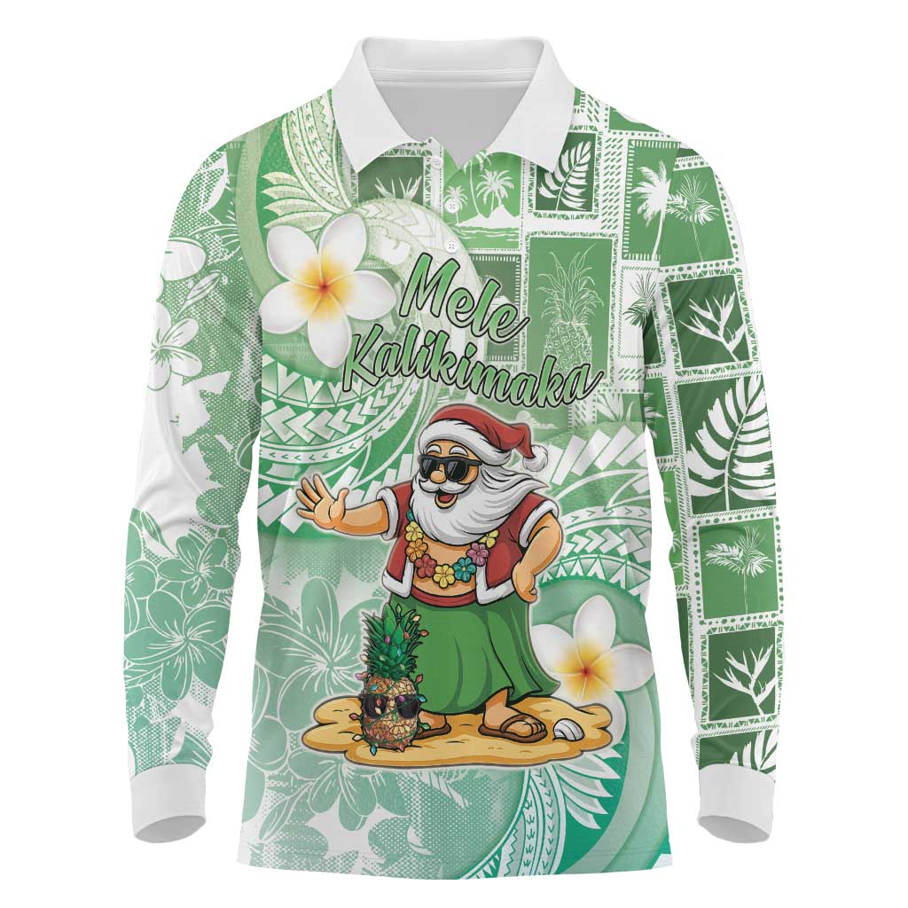 Hawaii Mele Kalikimaka Long Sleeve Polo Shirt Hula Santa Retro Style Green - Polynesian Pride