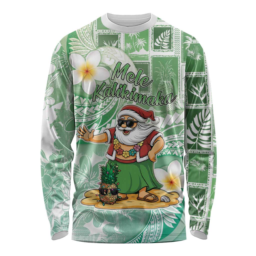 Hawaii Mele Kalikimaka Long Sleeve Shirt Hula Santa Retro Style Green - Polynesian Pride