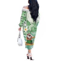 Hawaii Mele Kalikimaka Off The Shoulder Long Sleeve Dress Hula Santa Retro Style Green - Polynesian Pride