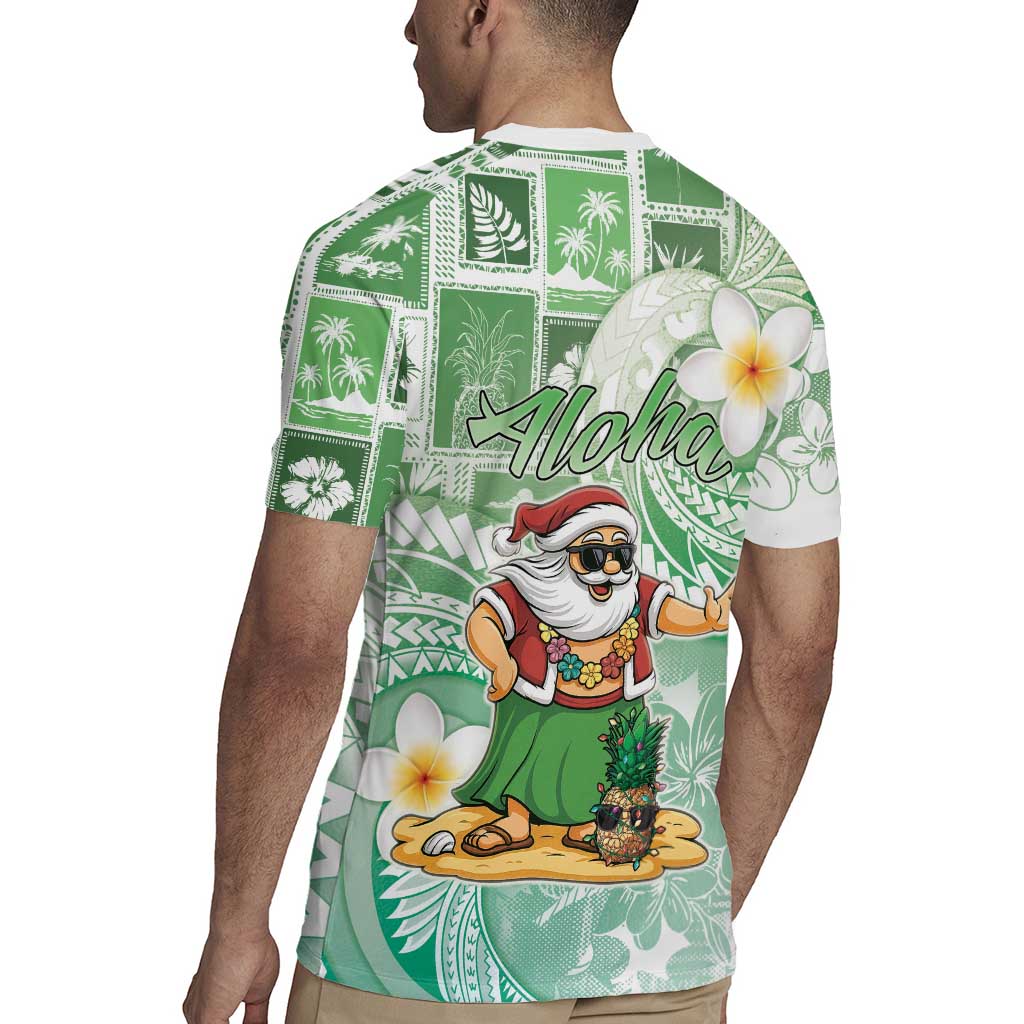 Hawaii Mele Kalikimaka Rugby Jersey Hula Santa Retro Style Green - Polynesian Pride