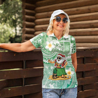 Hawaii Mele Kalikimaka Women Polo Shirt Hula Santa Retro Style Green - Polynesian Pride
