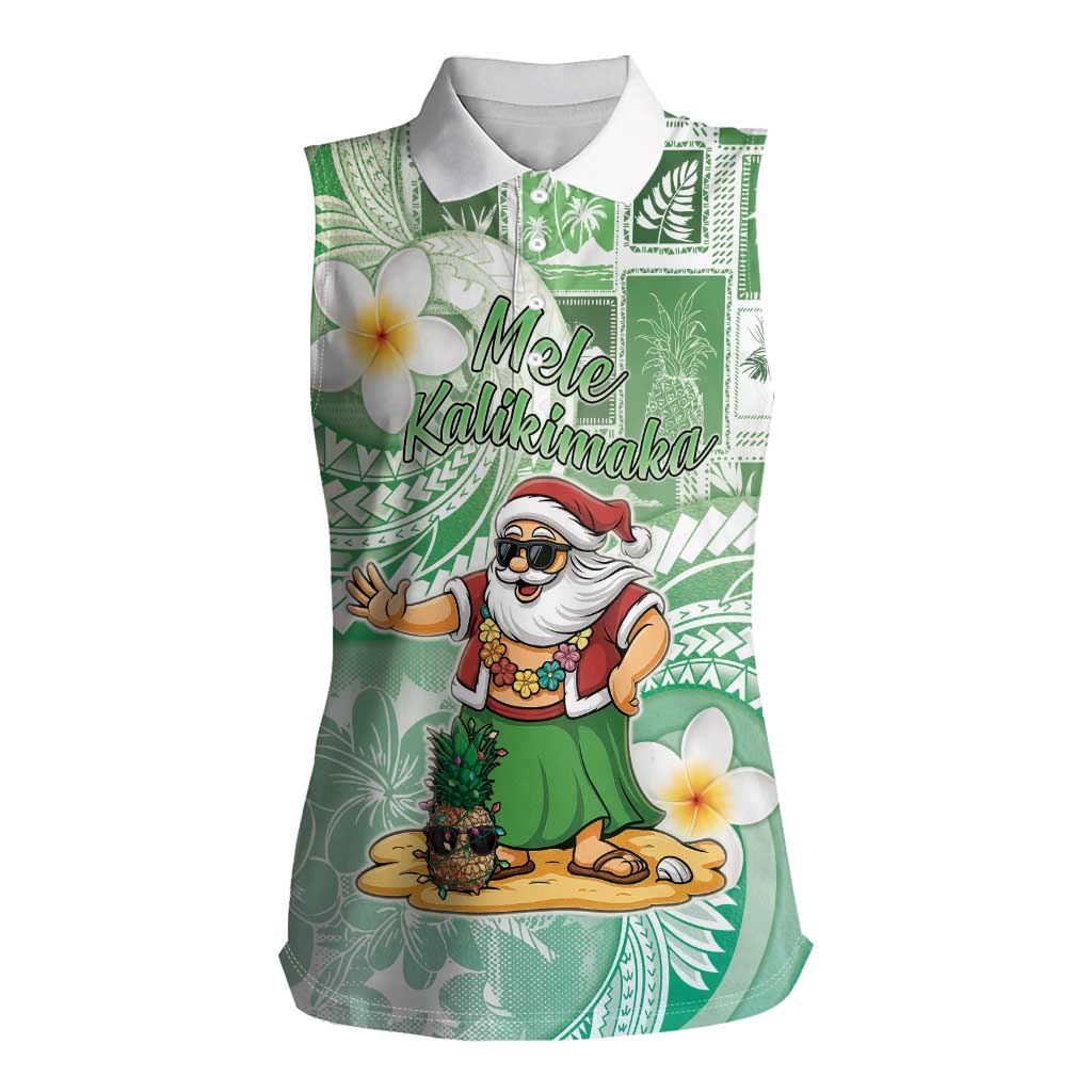 Hawaii Mele Kalikimaka Women Sleeveless Polo Shirt Hula Santa Retro Style Green - Polynesian Pride