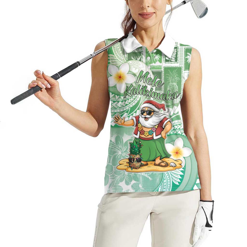 Hawaii Mele Kalikimaka Women Sleeveless Polo Shirt Hula Santa Retro Style Green - Polynesian Pride