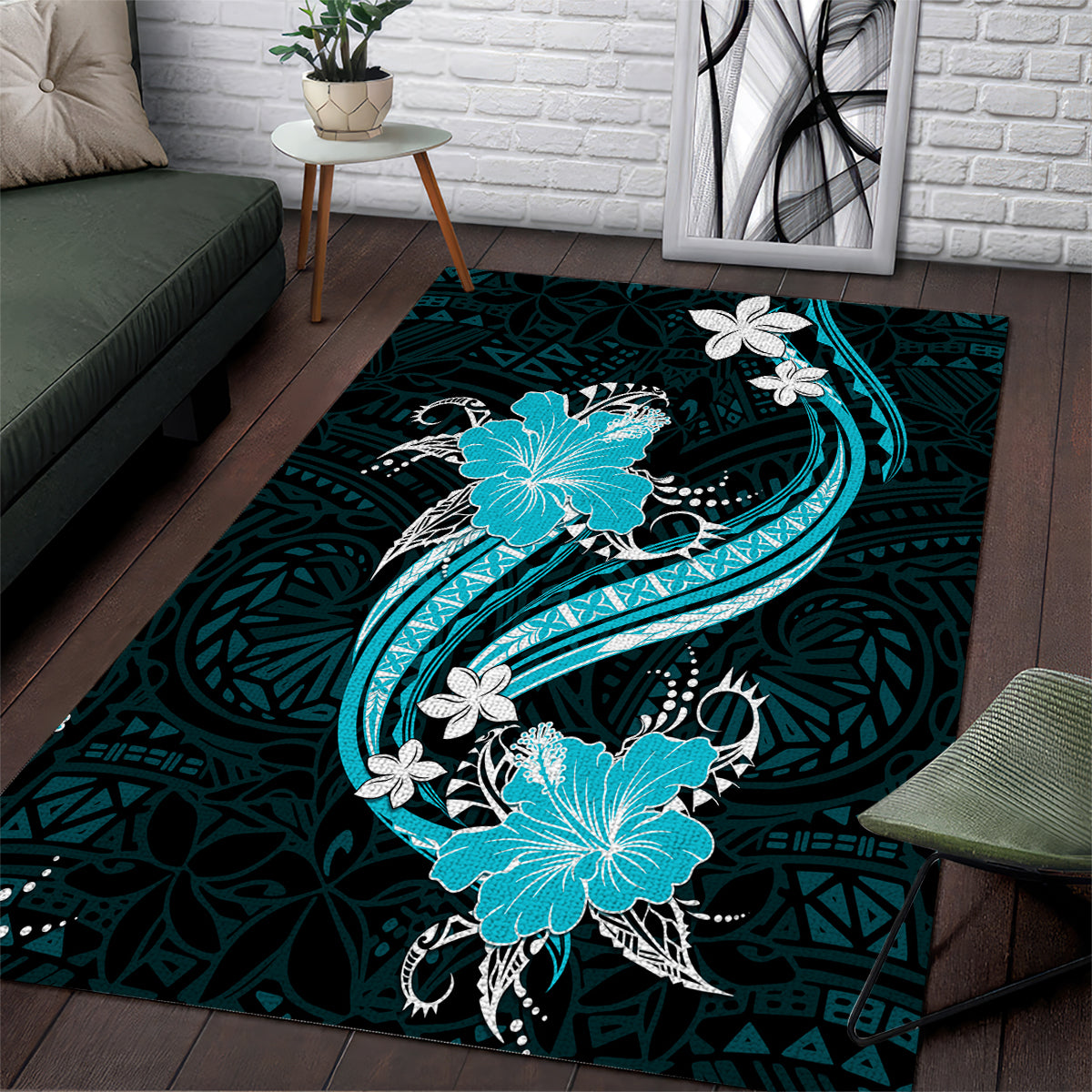 Aqua Polynesian Pattern With Tropical Flowers Area Rug LT05 Aqua - Polynesian Pride