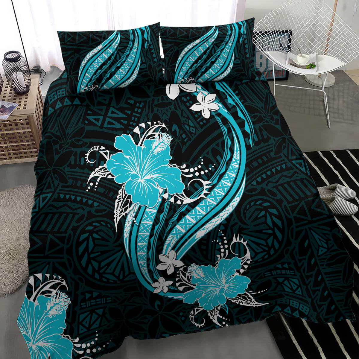 Aqua Polynesian Pattern With Tropical Flowers Bedding Set LT05 - Polynesian Pride