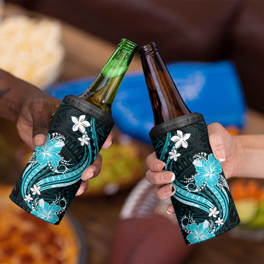 Aqua Polynesian Pattern With Tropical Flowers 4 in 1 Can Cooler Tumbler