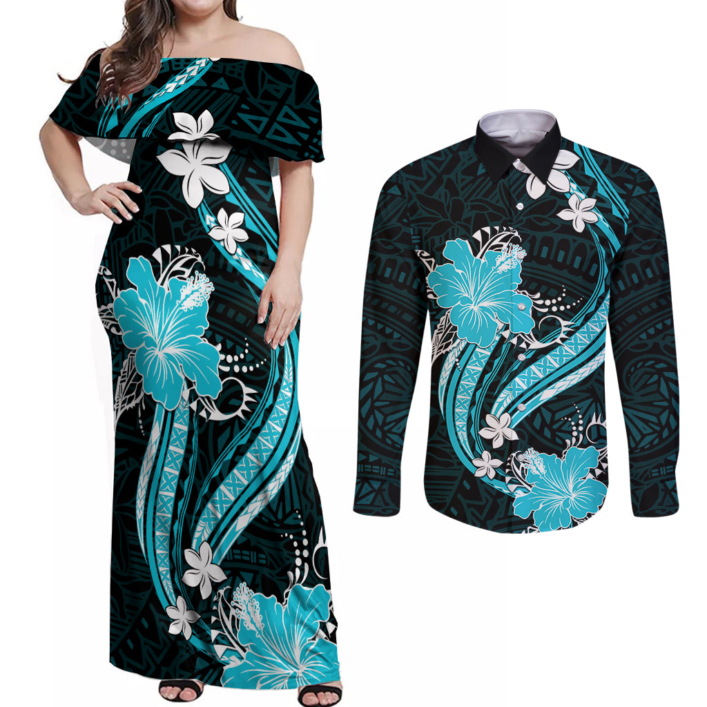 Aqua Polynesian Pattern With Tropical Flowers Couples Matching Off Shoulder Maxi Dress and Long Sleeve Button Shirt LT05 Aqua - Polynesian Pride