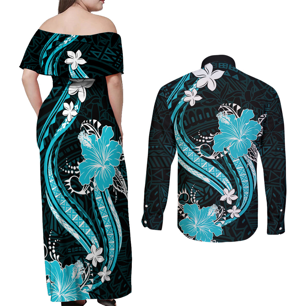 Aqua Polynesian Pattern With Tropical Flowers Couples Matching Off Shoulder Maxi Dress and Long Sleeve Button Shirt LT05 - Polynesian Pride