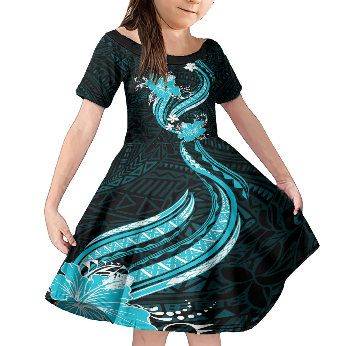 Aqua Polynesian Pattern With Tropical Flowers Family Matching Long Sleeve Bodycon Dress and Hawaiian Shirt LT05 Daughter's Dress Aqua - Polynesian Pride