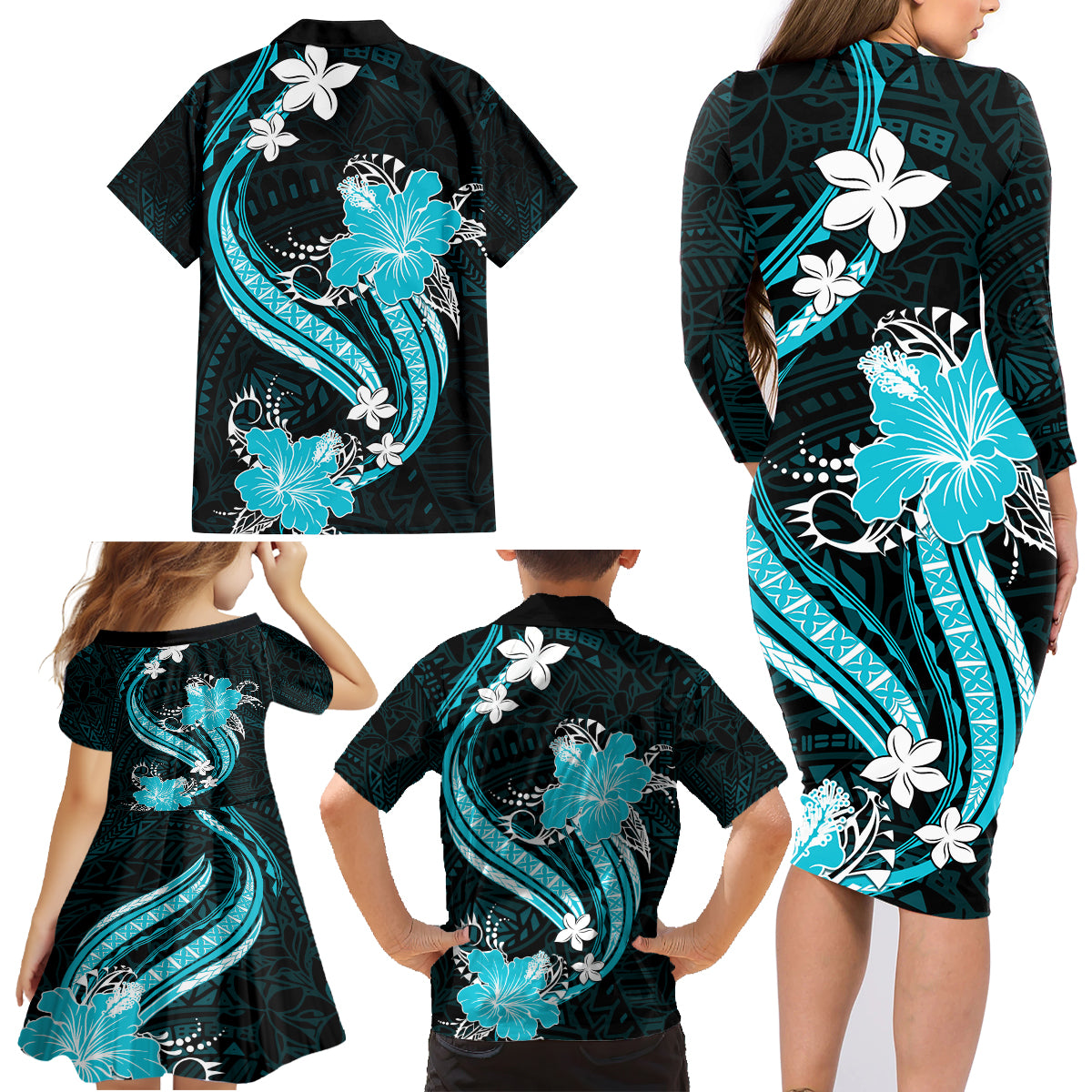 Aqua Polynesian Pattern With Tropical Flowers Family Matching Long Sleeve Bodycon Dress and Hawaiian Shirt LT05 - Polynesian Pride