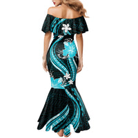 Aqua Polynesian Pattern With Tropical Flowers Family Matching Mermaid Dress and Hawaiian Shirt LT05 - Polynesian Pride