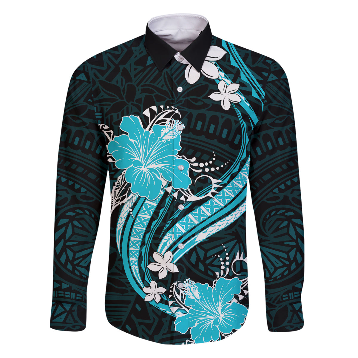 Aqua Polynesian Pattern With Tropical Flowers Family Matching Off Shoulder Long Sleeve Dress and Hawaiian Shirt LT05 Dad's Shirt - Long Sleeve Aqua - Polynesian Pride