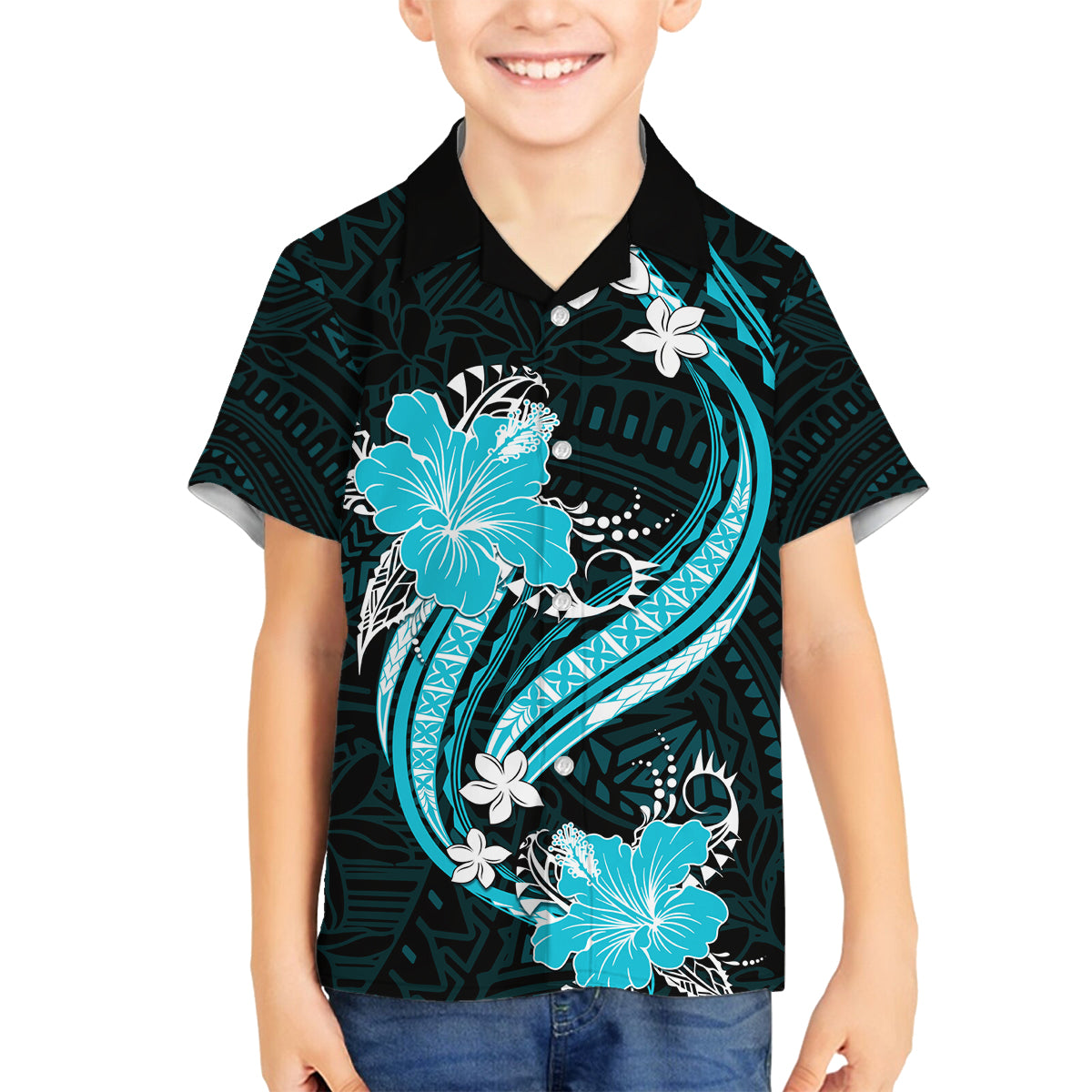 Aqua Polynesian Pattern With Tropical Flowers Family Matching Off Shoulder Long Sleeve Dress and Hawaiian Shirt LT05 Son's Shirt Aqua - Polynesian Pride