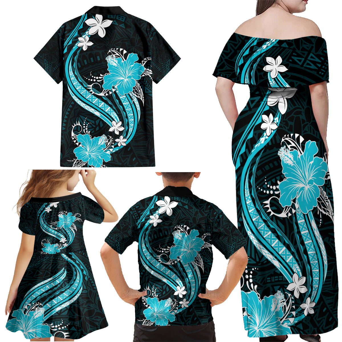 Aqua Polynesian Pattern With Tropical Flowers Family Matching Off Shoulder Maxi Dress and Hawaiian Shirt LT05 - Polynesian Pride