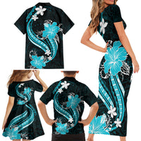 Aqua Polynesian Pattern With Tropical Flowers Family Matching Short Sleeve Bodycon Dress and Hawaiian Shirt LT05 - Polynesian Pride