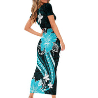 Aqua Polynesian Pattern With Tropical Flowers Family Matching Short Sleeve Bodycon Dress and Hawaiian Shirt LT05 - Polynesian Pride