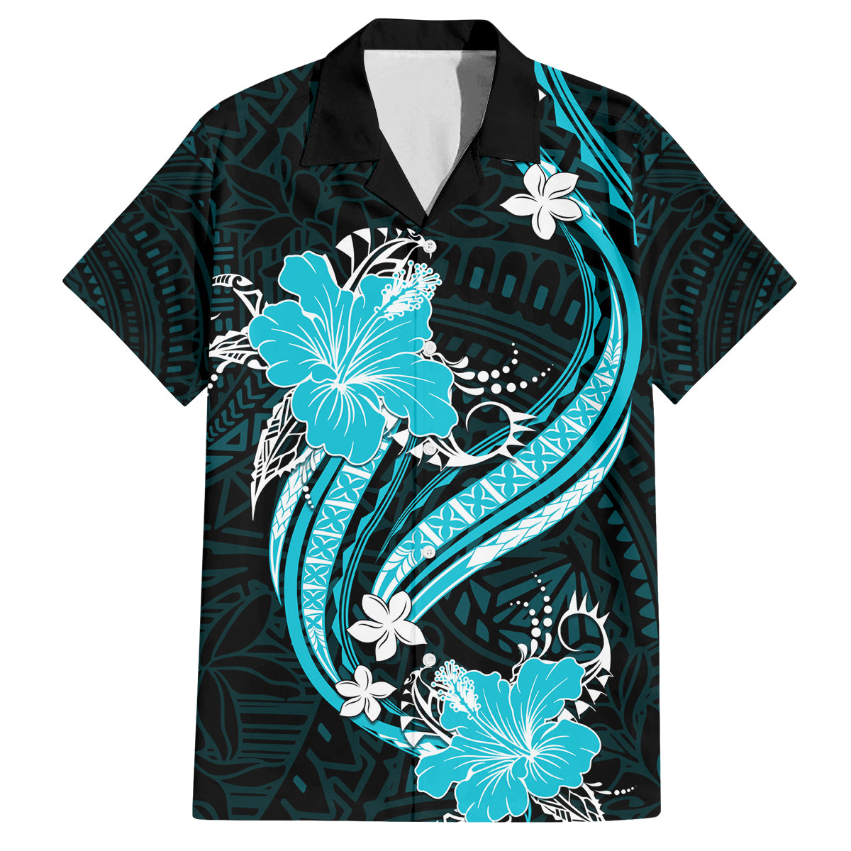 Aqua Polynesian Pattern With Tropical Flowers Family Matching Tank Maxi Dress and Hawaiian Shirt LT05 Dad's Shirt - Short Sleeve Aqua - Polynesian Pride
