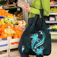 Aqua Polynesian Pattern With Tropical Flowers Grocery Bag