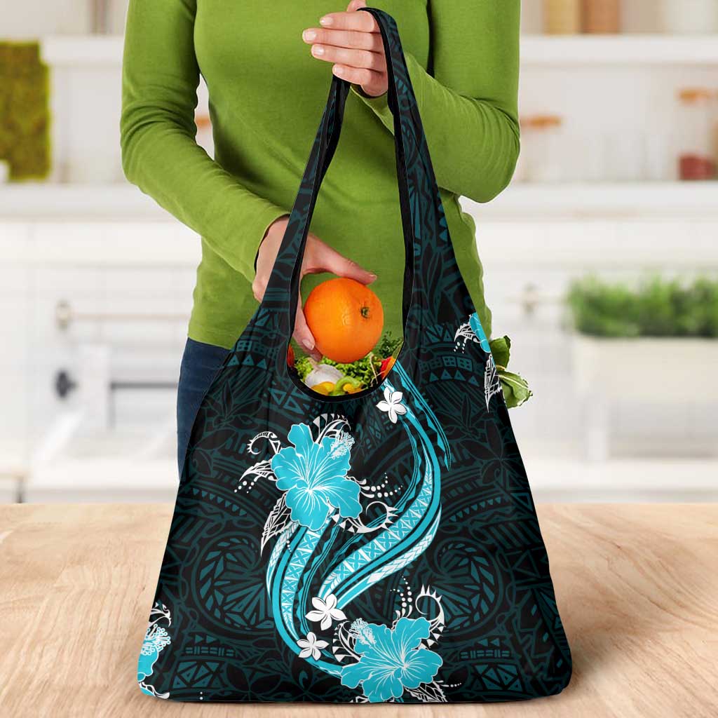 Aqua Polynesian Pattern With Tropical Flowers Grocery Bag