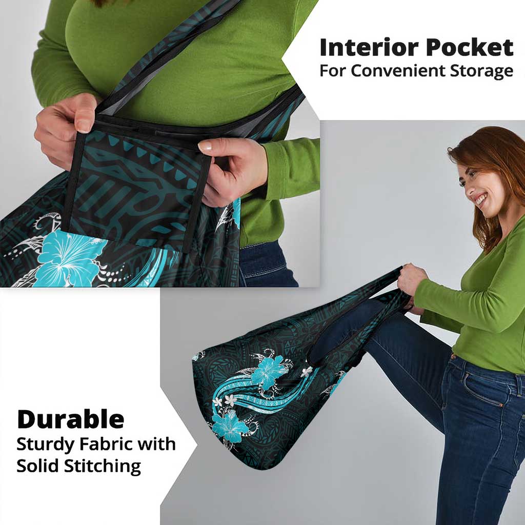 Aqua Polynesian Pattern With Tropical Flowers Grocery Bag