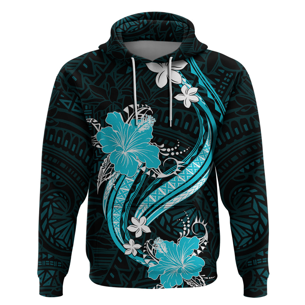 Aqua Polynesian Pattern With Tropical Flowers Hoodie LT05 Pullover Hoodie Aqua - Polynesian Pride