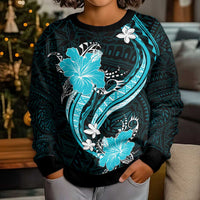 Aqua Polynesian Pattern With Tropical Flowers Kid Ugly Christmas Sweater