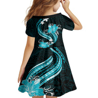 Aqua Polynesian Pattern With Tropical Flowers Kid Short Sleeve Dress LT05 - Polynesian Pride