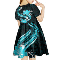 Aqua Polynesian Pattern With Tropical Flowers Kid Short Sleeve Dress LT05 - Polynesian Pride