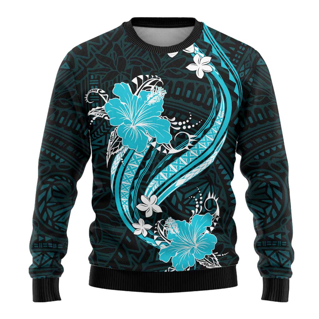 Aqua Polynesian Pattern With Tropical Flowers Ugly Christmas Sweater