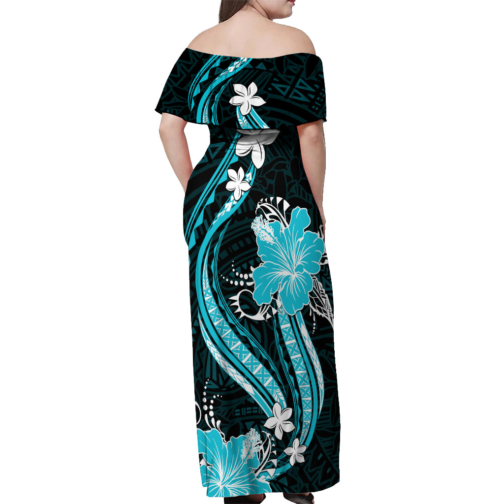 Aqua Polynesian Pattern With Tropical Flowers Off Shoulder Maxi Dress LT05 - Polynesian Pride