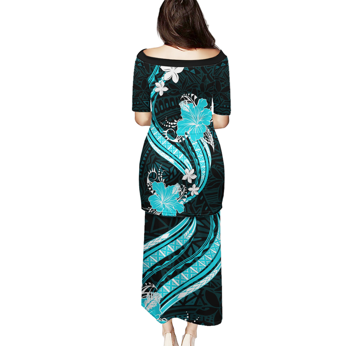 Aqua Polynesian Pattern With Tropical Flowers Puletasi LT05 - Polynesian Pride