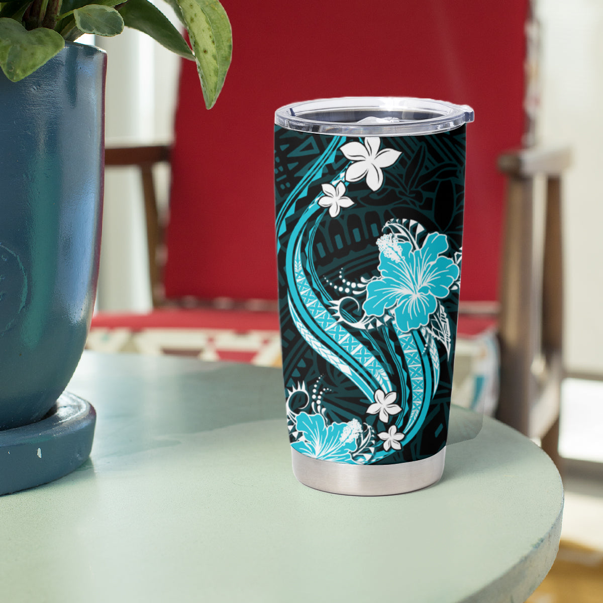 Aqua Polynesian Pattern With Tropical Flowers Tumbler Cup