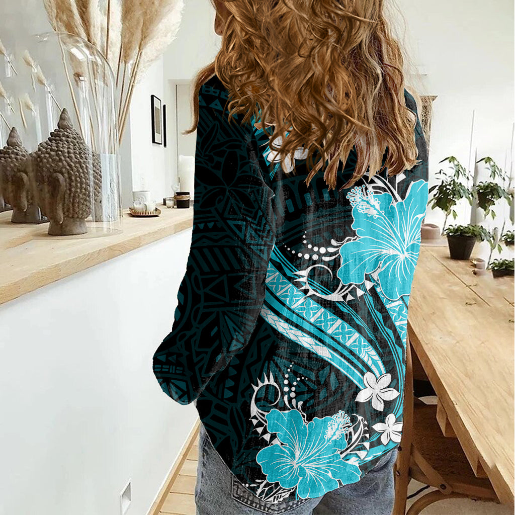 Aqua Polynesian Pattern With Tropical Flowers Women Casual Shirt LT05 - Polynesian Pride