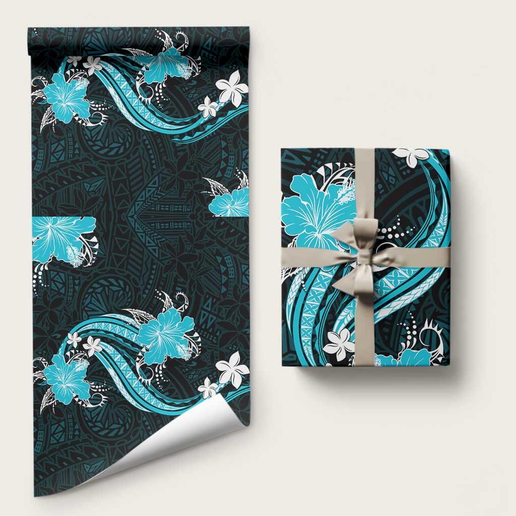 Aqua Polynesian Pattern With Tropical Flowers Wrapping Paper - Polynesian Pride