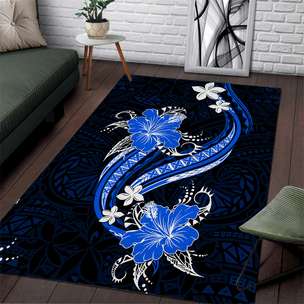Blue Polynesian Pattern With Tropical Flowers Area Rug LT05 Blue - Polynesian Pride