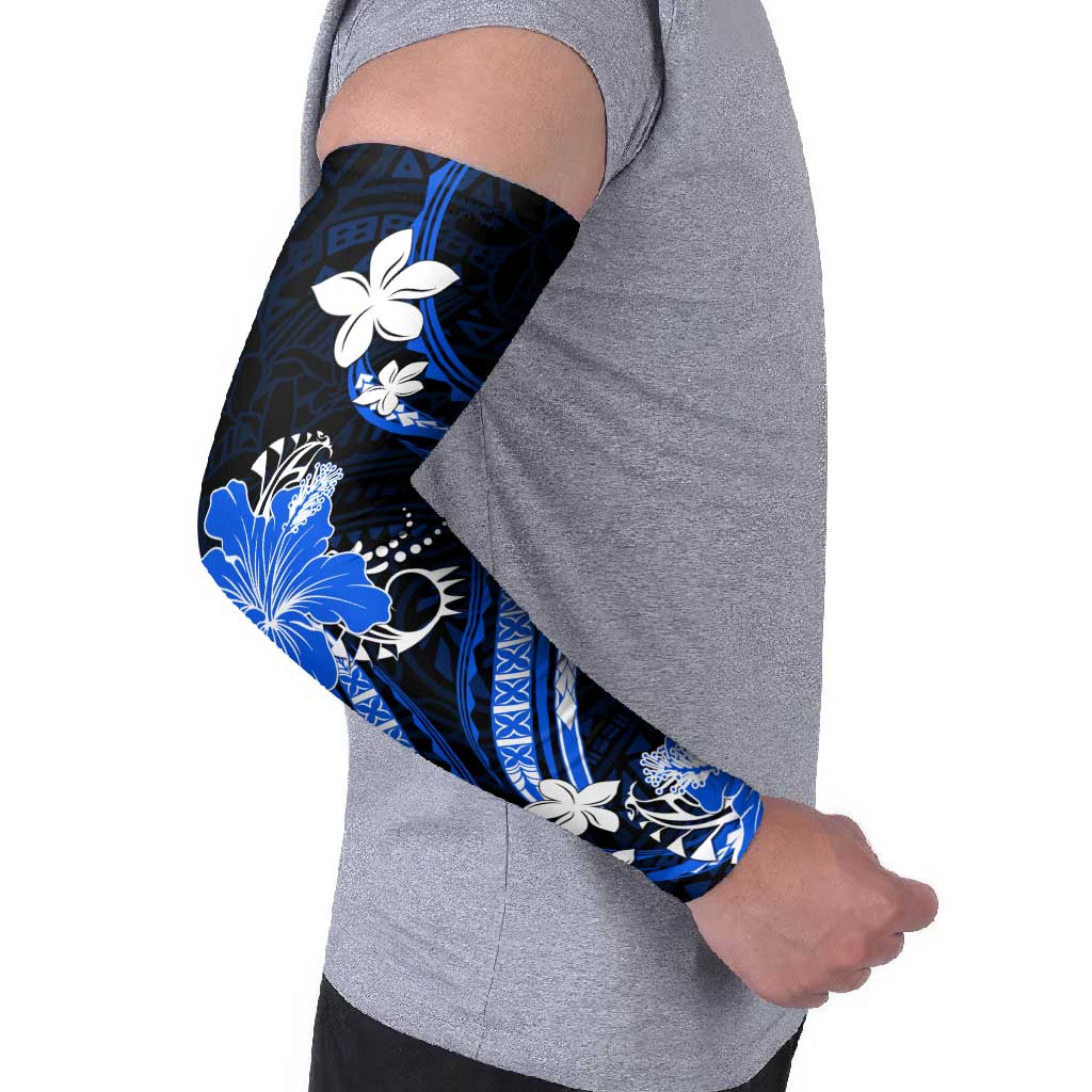 Blue Polynesian Pattern With Tropical Flowers Arm Sleeves - Polynesian Pride