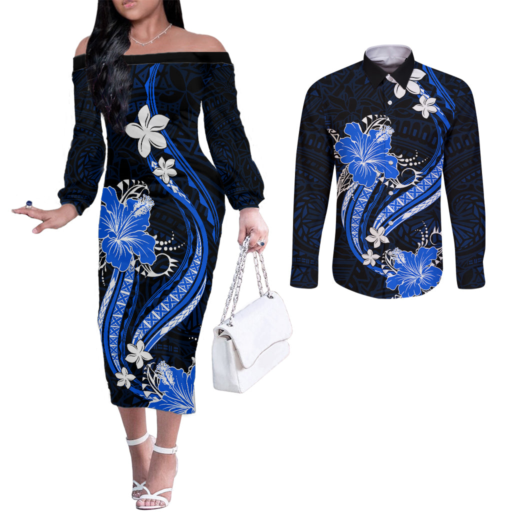 Blue Polynesian Pattern With Tropical Flowers Couples Matching Off The Shoulder Long Sleeve Dress and Long Sleeve Button Shirt LT05 Blue - Polynesian Pride
