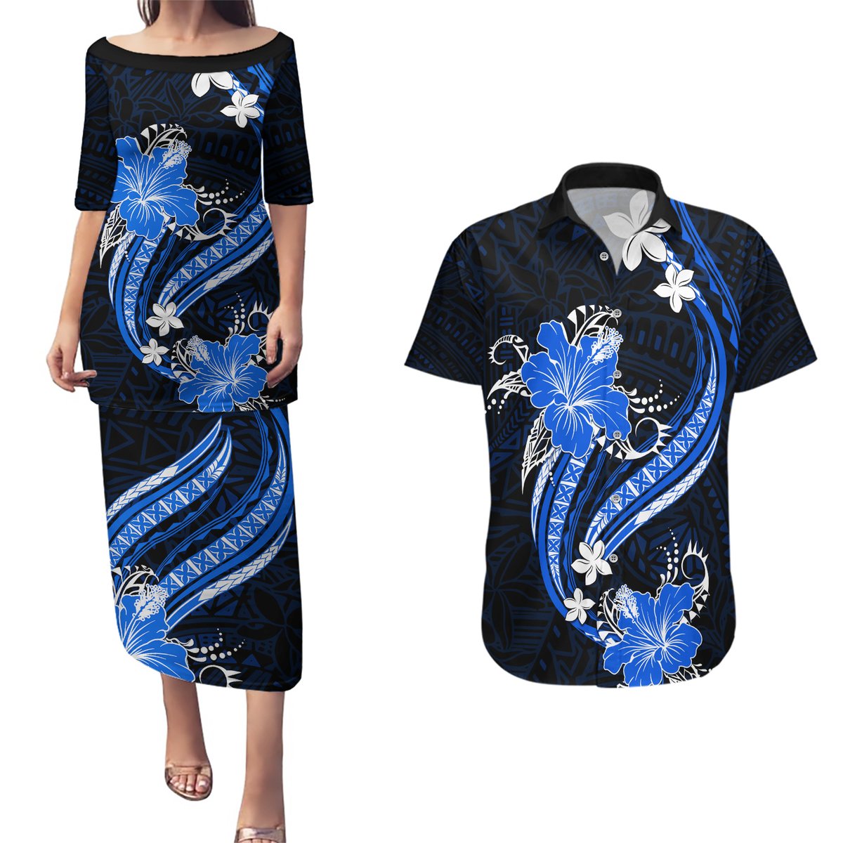 Blue Polynesian Pattern With Tropical Flowers Couples Matching Puletasi Dress and Hawaiian Shirt LT05 Blue - Polynesian Pride