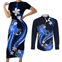 Blue Polynesian Pattern With Tropical Flowers Couples Matching Short Sleeve Bodycon Dress and Long Sleeve Button Shirt LT05 Blue - Polynesian Pride