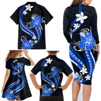 Blue Polynesian Pattern With Tropical Flowers Family Matching Long Sleeve Bodycon Dress and Hawaiian Shirt LT05 - Polynesian Pride