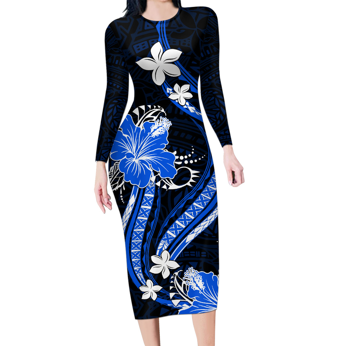 Blue Polynesian Pattern With Tropical Flowers Family Matching Long Sleeve Bodycon Dress and Hawaiian Shirt LT05 Mom's Dress Blue - Polynesian Pride